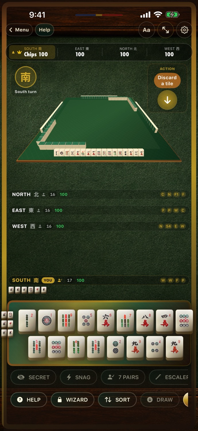 Pinoy Mahjong iPhone gameplay screenshot showing the 3D table and tile hand