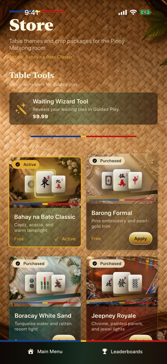 Pinoy Mahjong iPhone store screen showing chip wallet and premium themes